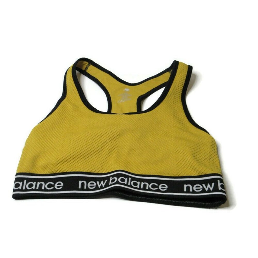 New Balance Sports Bra Gold Yellow Ribbed Racerback Black Spell Out Band L